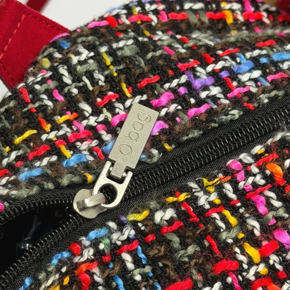 O Bag Tweed Fabric Tote‎ Bag Red Velvet Handles Medium Ready to Use Boho EUC